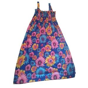 Floral Print Smocked Waist Maxi Skirt Blue Pink Yellow Boho Summer XL